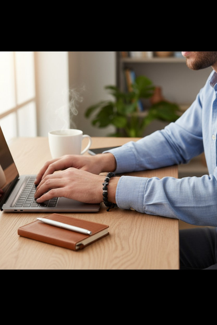 Adjustable Black Bracelet with Lava Stone