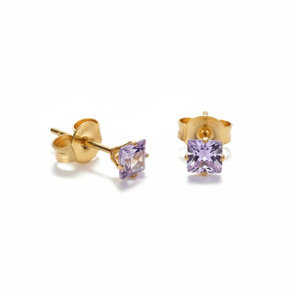 Earrings – Stainless Steel Gold Color with Purple Square Zirconia (5mm) 