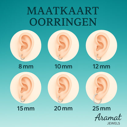 Aramat Jewels size chart for hoop earrings, showing 8mm, 10mm, 12mm, 15mm, 20mm, and 25mm sizes on ears.