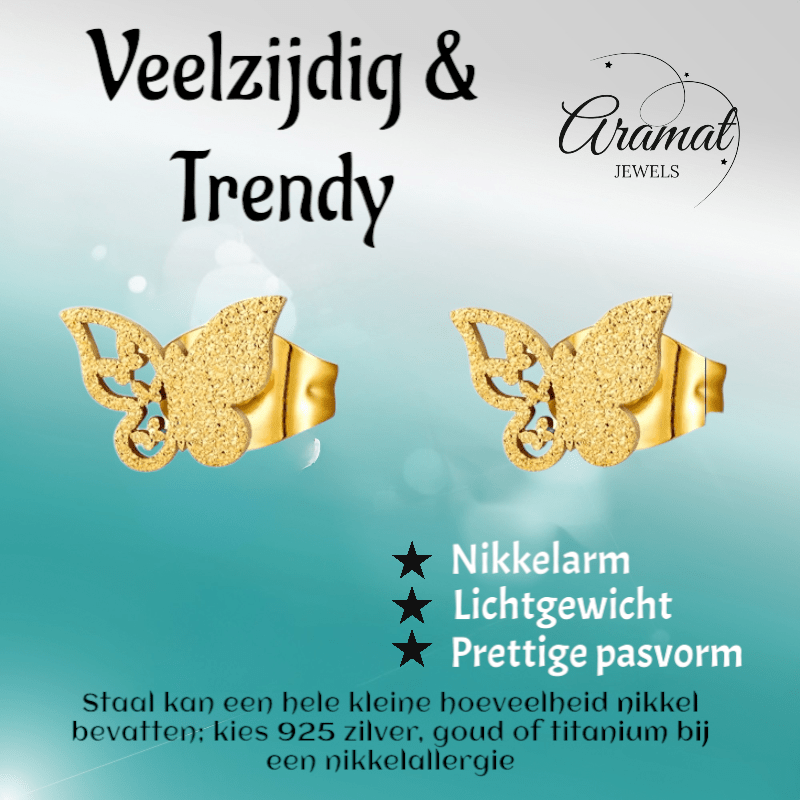 Matte vlinder oorbellen goudkleurig RVS 8mm - Aramat Jewels - Oorbellen - cadeautip