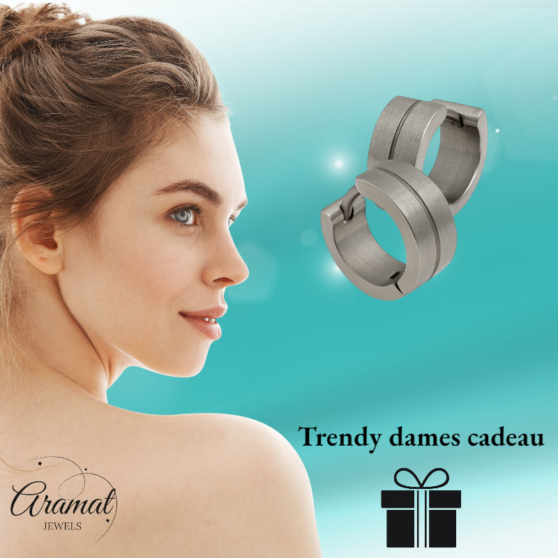 Earrings – Stainless Steel Silver Color Matte with Gloss Stripe (13mm) 