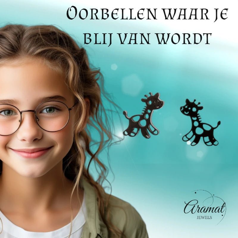 Meisjes oorbellen giraf zwart RVS - oor6389 - 515396 - Oorbellen kopen# - 10mm - alles - cadeau