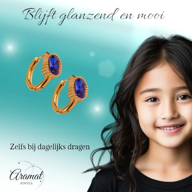 Mini Goudkleurige Oorringen – Blauwe Zirkonia – 15mm - oor6330 - 642325 - Oorringen kopen# - 15mm - alles - blauw