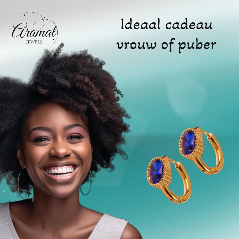 Mini Goudkleurige Oorringen – Blauwe Zirkonia – 15mm - oor6330 - 642325 - Oorringen kopen# - 15mm - alles - blauw