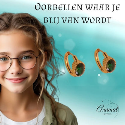 Mini Goudkleurige Oorringen – Groene Zirkonia – 15mm - oor6329 - 642322 - Oorringen kopen# - 15mm - alles - cadeau