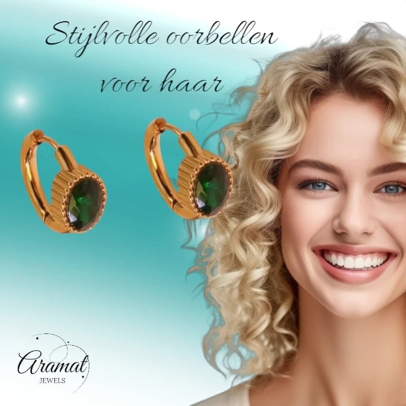 Mini Goudkleurige Oorringen – Groene Zirkonia – 15mm - oor6329 - 642322 - Oorringen kopen# - 15mm - alles - cadeau