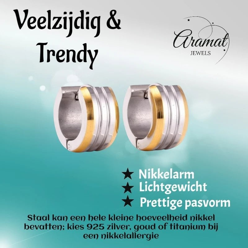 mini Oorringen – Staal Bicolor Strepen Mat (13mm) - Aramat Jewels - Oorringen - cadeautip