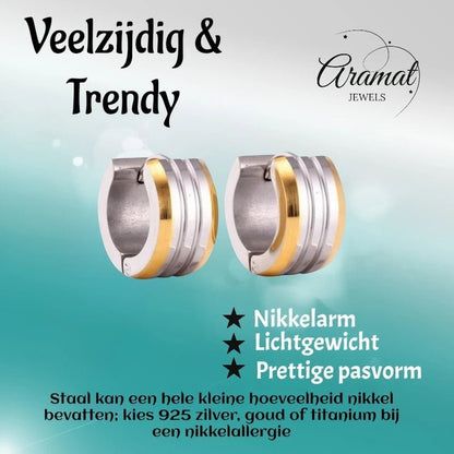 mini Oorringen – Staal Bicolor Strepen Mat (13mm) - Aramat Jewels - Oorringen - cadeautip
