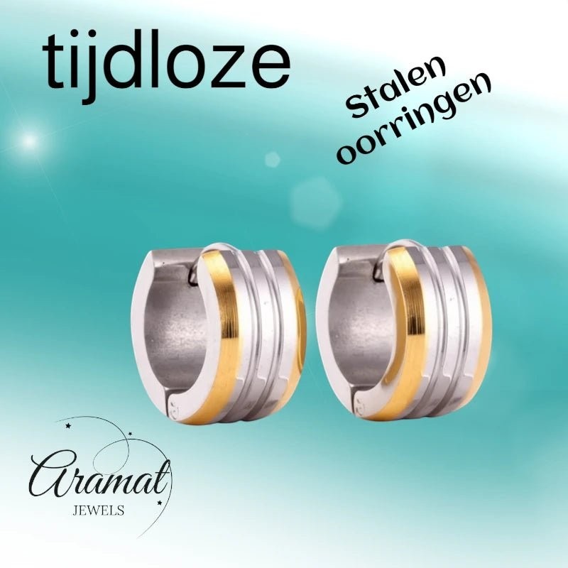 mini Oorringen – Staal Bicolor Strepen Mat (13mm) - Aramat Jewels - Oorringen - cadeautip