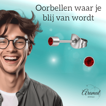 Mini oorstekers granaatrood kristal – 3mm RVS - Aramat Jewels - Oorbellen - cadeautip