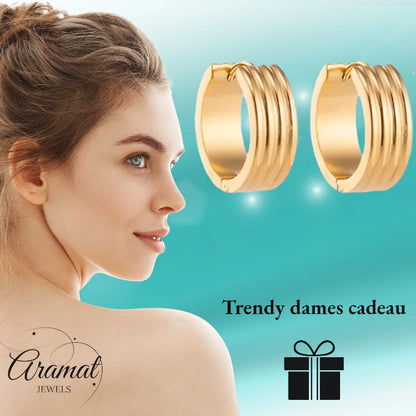 Hoop Earrings – Stainless Steel Gold Color with Triple Stripes (13mm or 20mm)