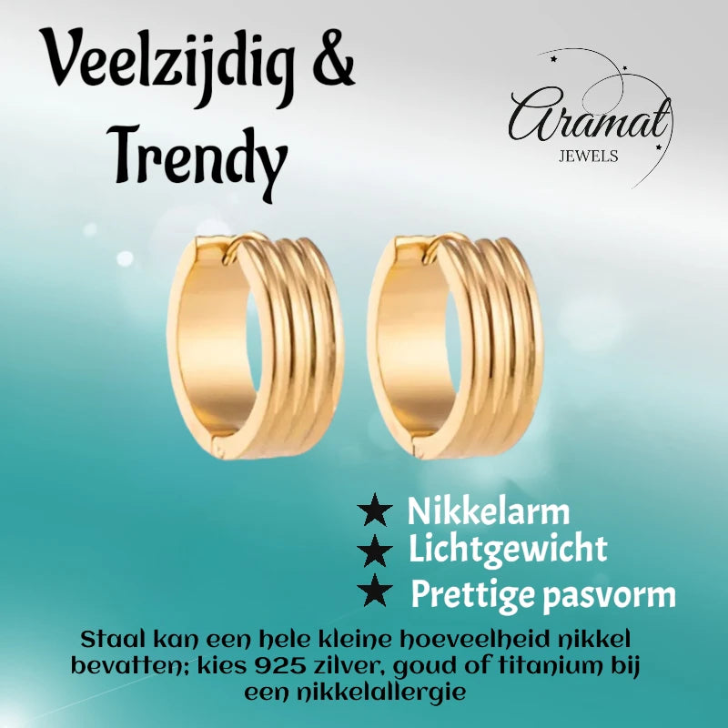 Hoop Earrings – Stainless Steel Gold Color with Triple Stripes (13mm or 20mm)