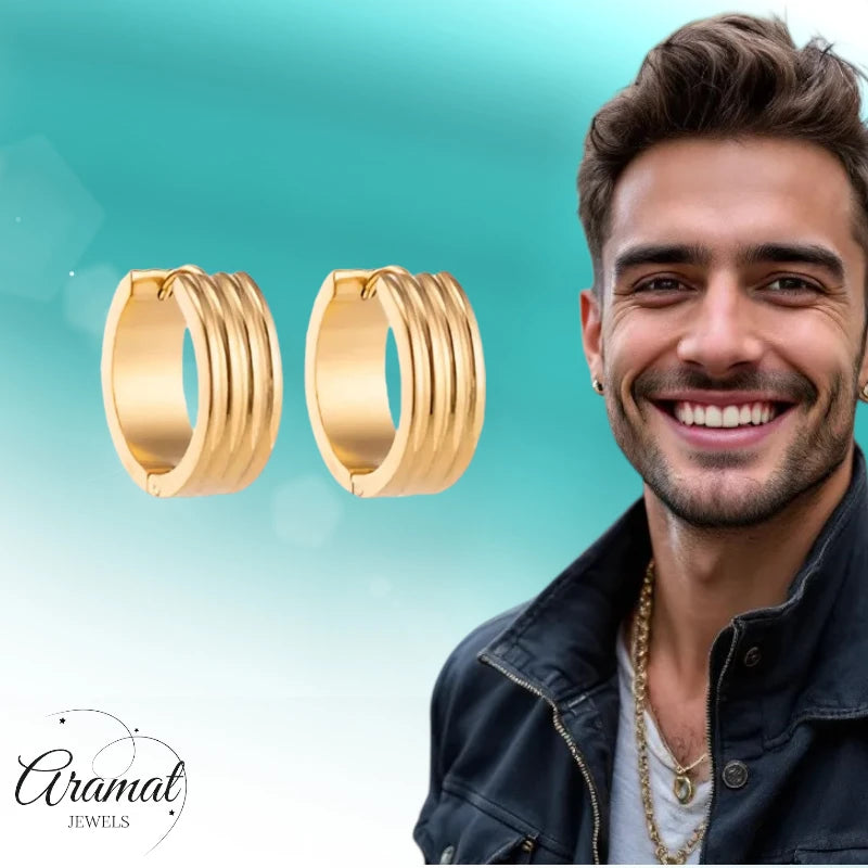 Hoop Earrings – Stainless Steel Gold Color with Triple Stripes (13mm or 20mm)