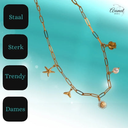Multi Bedelketting goudkleurig – parel & zeethema - ket1160 - 599156 - Halskettingen kopen# - 40cm - alles - Bedelketting