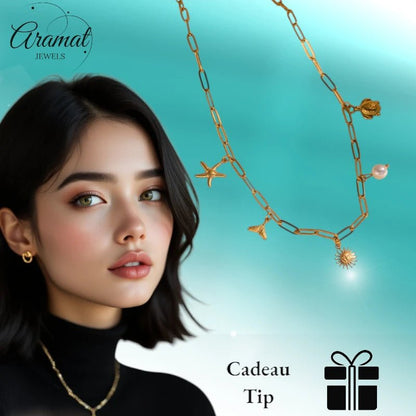 Multi Bedelketting goudkleurig – parel & zeethema - ket1160 - 599156 - Halskettingen kopen# - 40cm - alles - Bedelketting