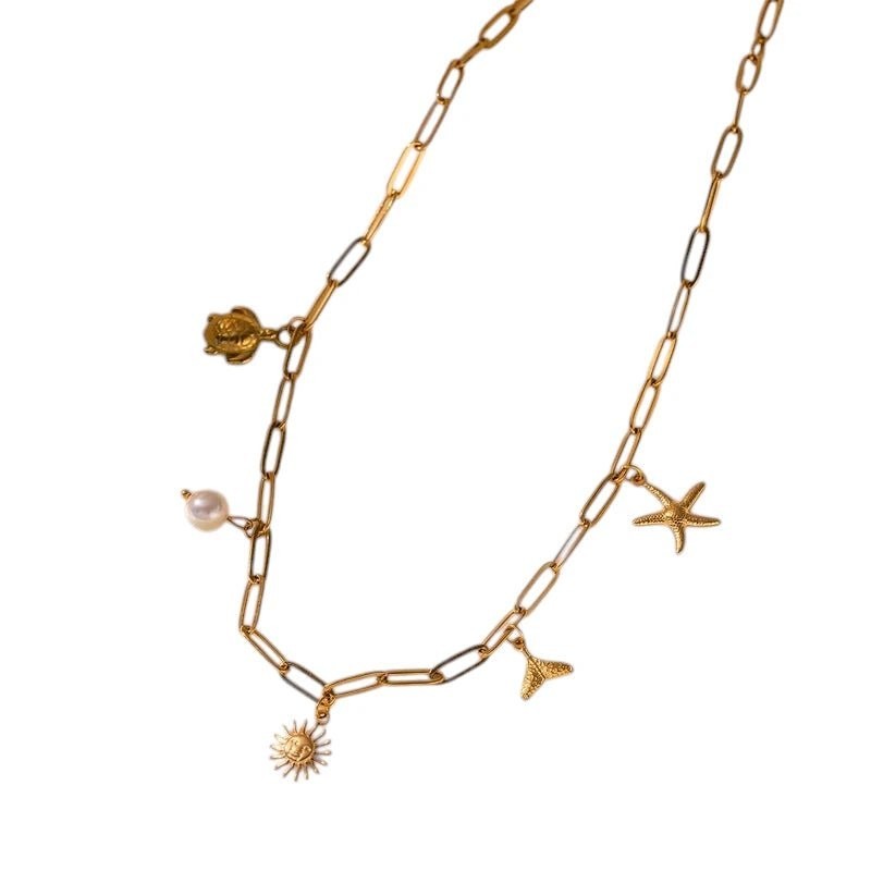 Multi Bedelketting goudkleurig – parel & zeethema - ket1160 - 599156 - Halskettingen kopen# - 40cm - alles - Bedelketting