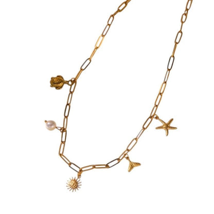 Multi Bedelketting goudkleurig – parel & zeethema - ket1160 - 599156 - Halskettingen kopen# - 40cm - alles - Bedelketting
