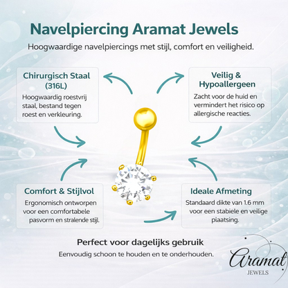 Gold-colored steel navel piercing with zirconia flower