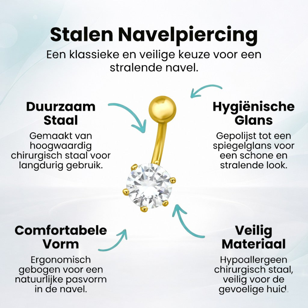 Gold-colored steel navel piercing with zirconia flower