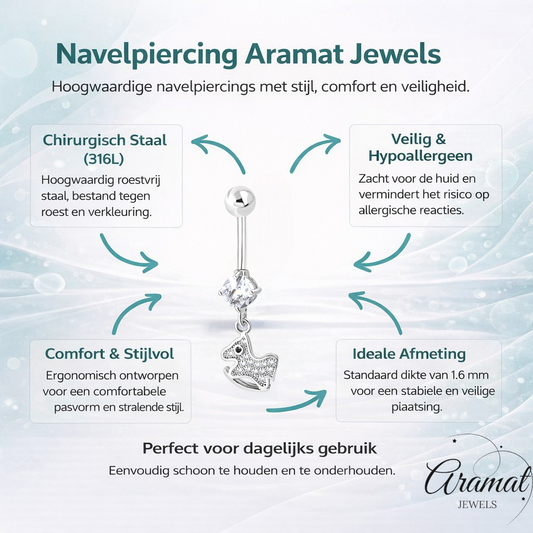 Silver-colored navel piercing with horse pendant with zirconia