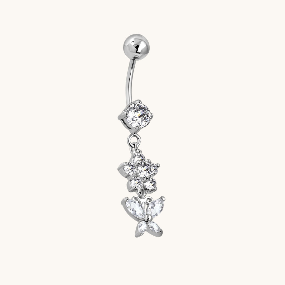 Piercing au nombril en acier avec fleurs et papillons