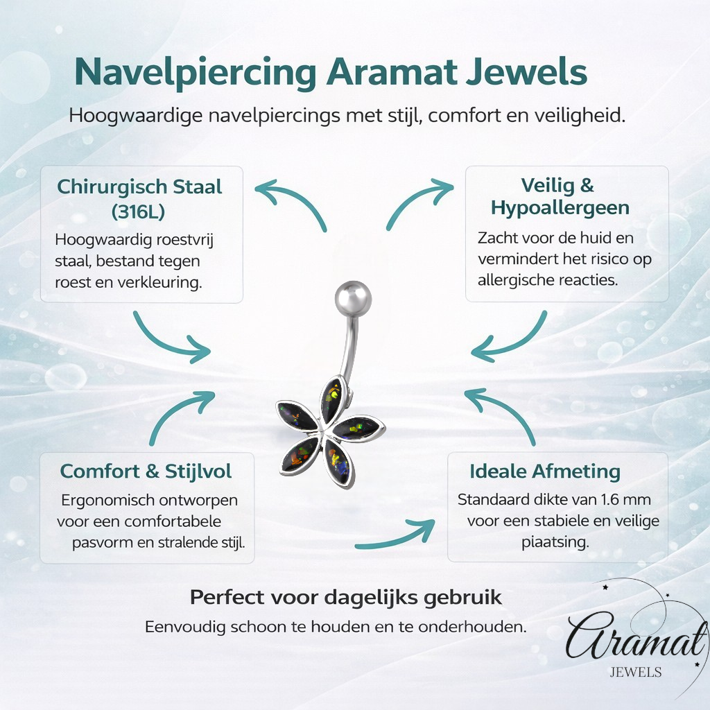 Black Opal Flower Navel Piercing Silver Colored