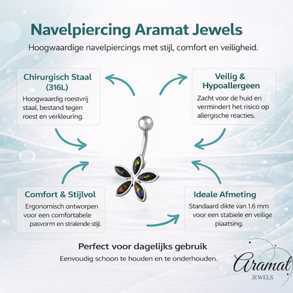 Black Opal Flower Navel Piercing Silver Colored