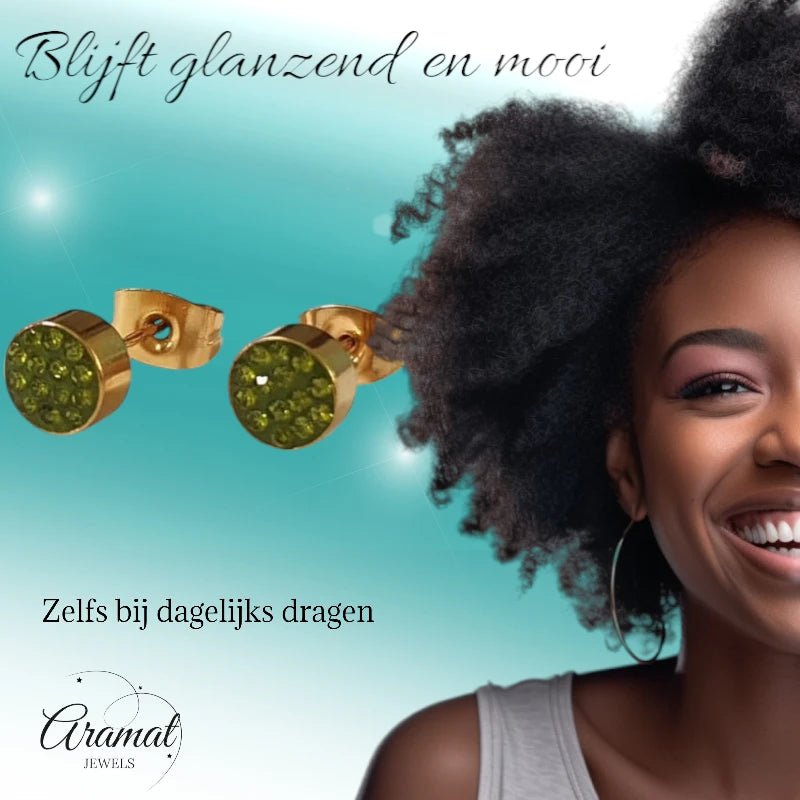 Olijfgroene kristallen oorstekers 6 mm – goudkleurig - oor3095 - Oorbellen kopen# - 6mm - alles - cadeau