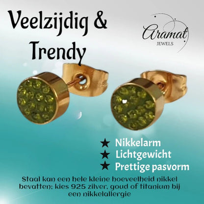 Olijfgroene kristallen oorstekers 6 mm – goudkleurig - oor3095 - Oorbellen kopen# - 6mm - alles - cadeau