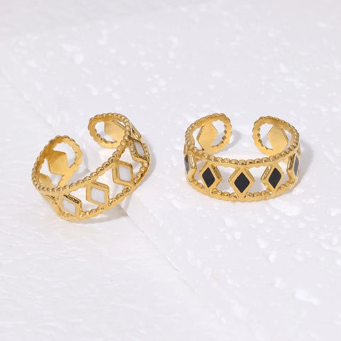 Verstelbare RVS Ring Emaille Ruitjes - Goud met Wit of Zwart