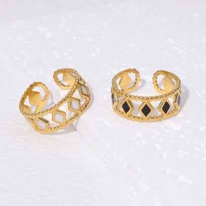 Verstelbare RVS Ring Emaille Ruitjes - Goud met Wit of Zwart