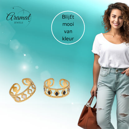 Verstelbare RVS Ring Emaille Ruitjes - Goud met Wit of Zwart