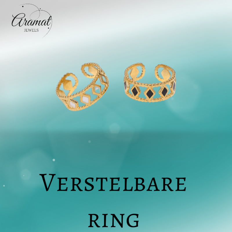 Verstelbare RVS Ring Emaille Ruitjes - Goud met Wit of Zwart