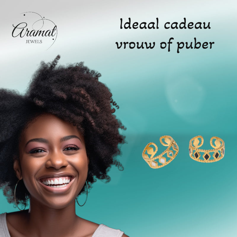 Verstelbare RVS Ring Emaille Ruitjes - Goud met Wit of Zwart