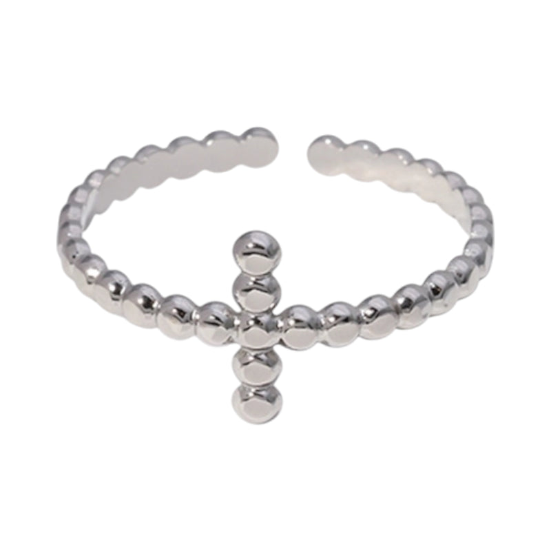 Open Ring RVS met Bolletjesmotief en Kruisje (10 mm)