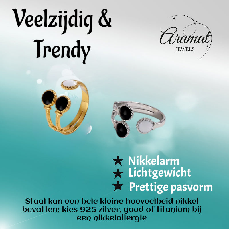 Brede One Size Ring Goudkleurig RVS met Drie Emaille Cirkels (13 mm)