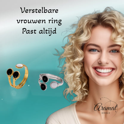 Brede One Size Ring Goudkleurig RVS met Drie Emaille Cirkels (13 mm)