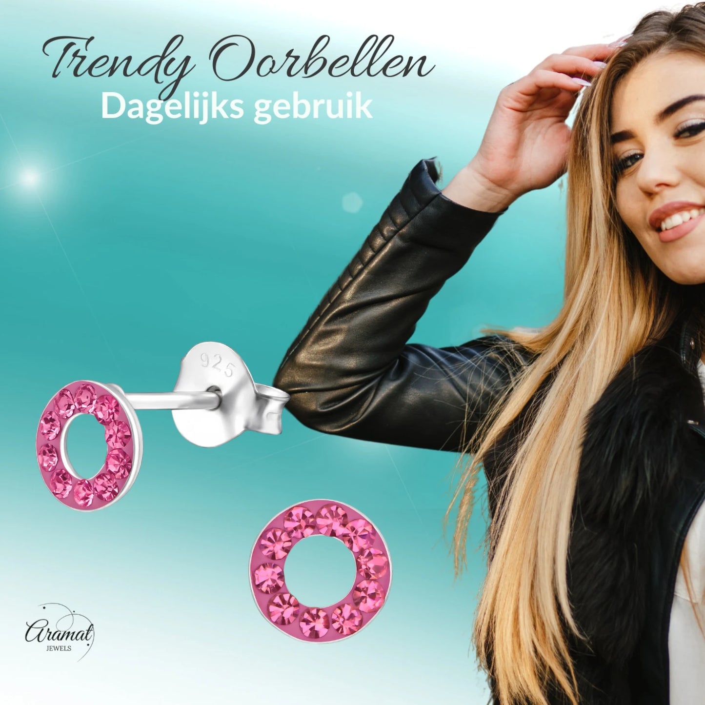 Silver open circle earrings pink crystal