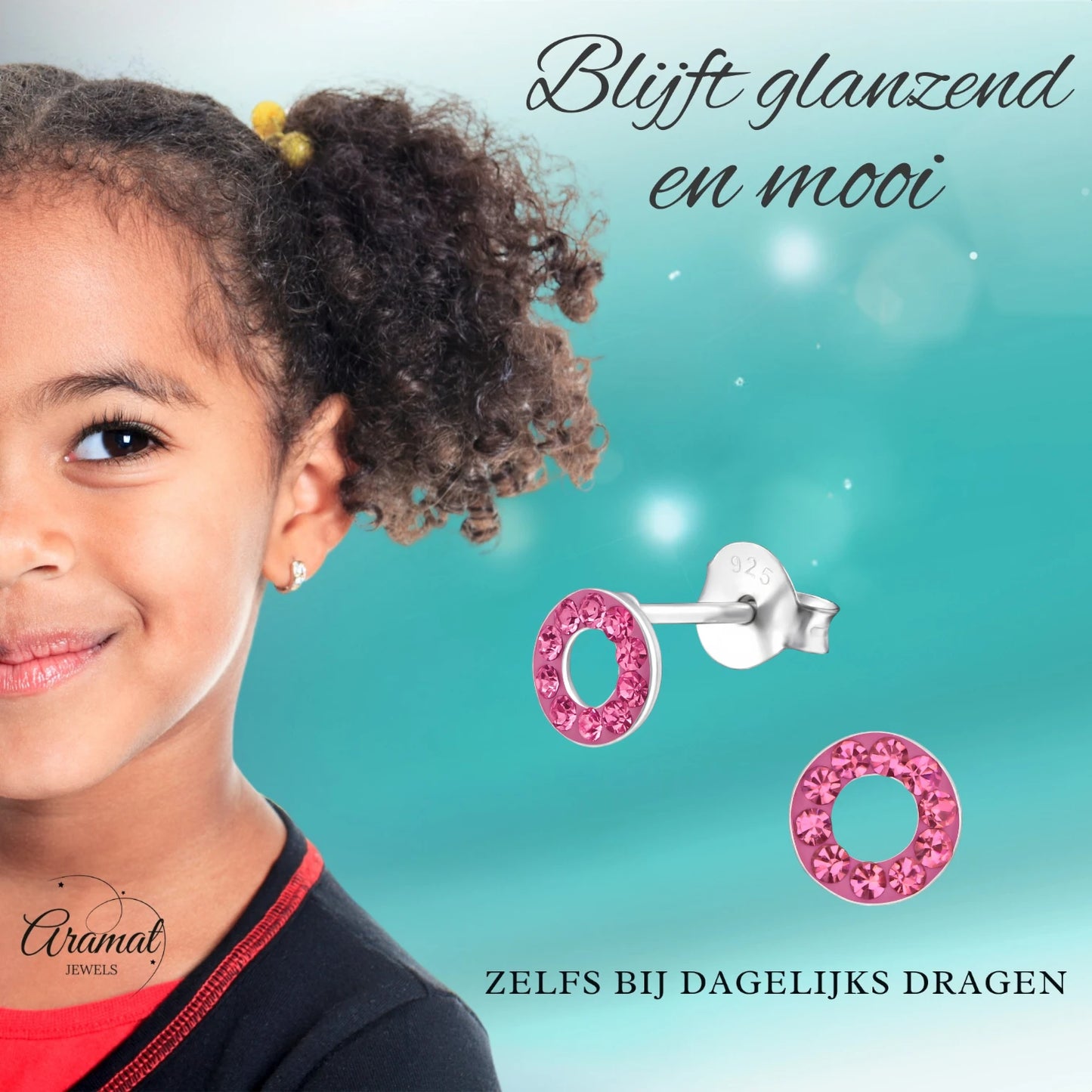 Silver open circle earrings pink crystal