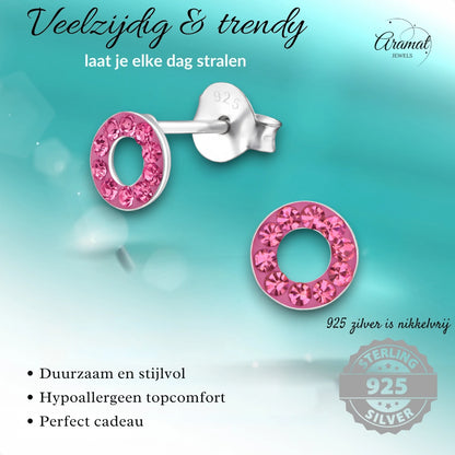 Silver open circle earrings pink crystal