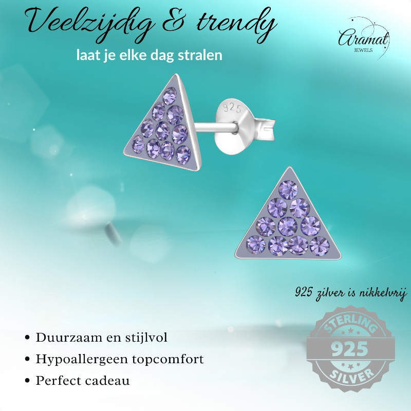 Silver triangle earrings lavender crystal