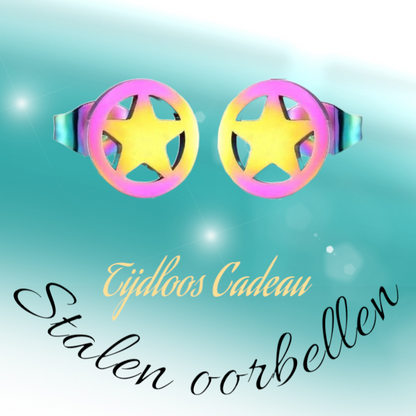 Star circle stud earrings multi-coloured steel – 8mm