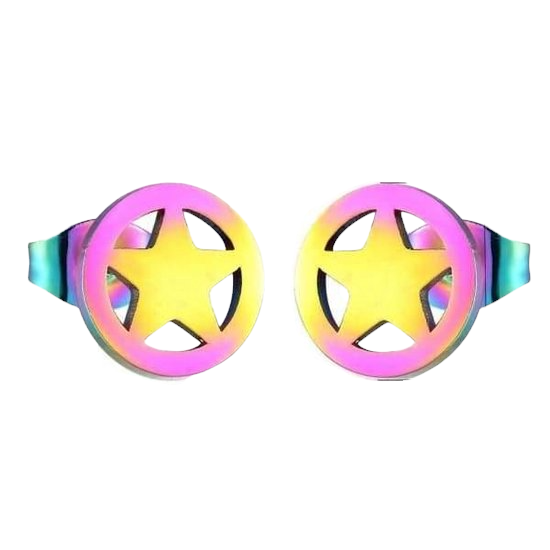 Star circle stud earrings multi-coloured steel – 8mm