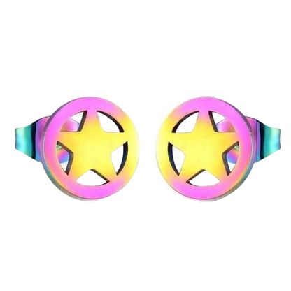Star circle stud earrings multi-coloured steel – 8mm