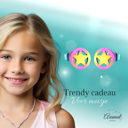 Star circle stud earrings multi-coloured steel – 8mm