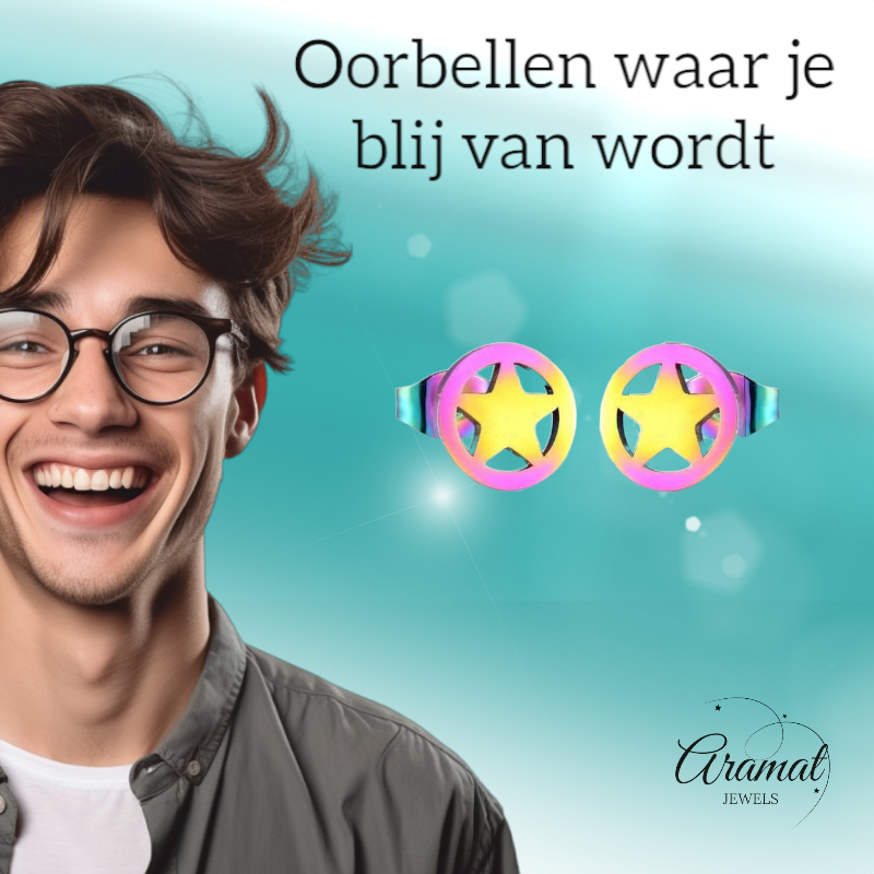 Star circle stud earrings multi-coloured steel – 8mm