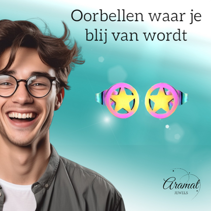 Star circle stud earrings multi-coloured steel – 8mm