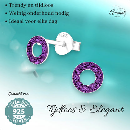 Open circle earrings purple crystal 925 silver