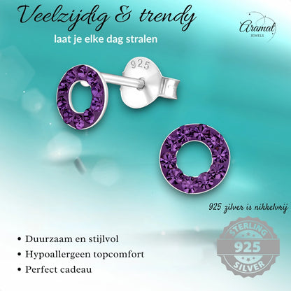 Open circle earrings purple crystal 925 silver