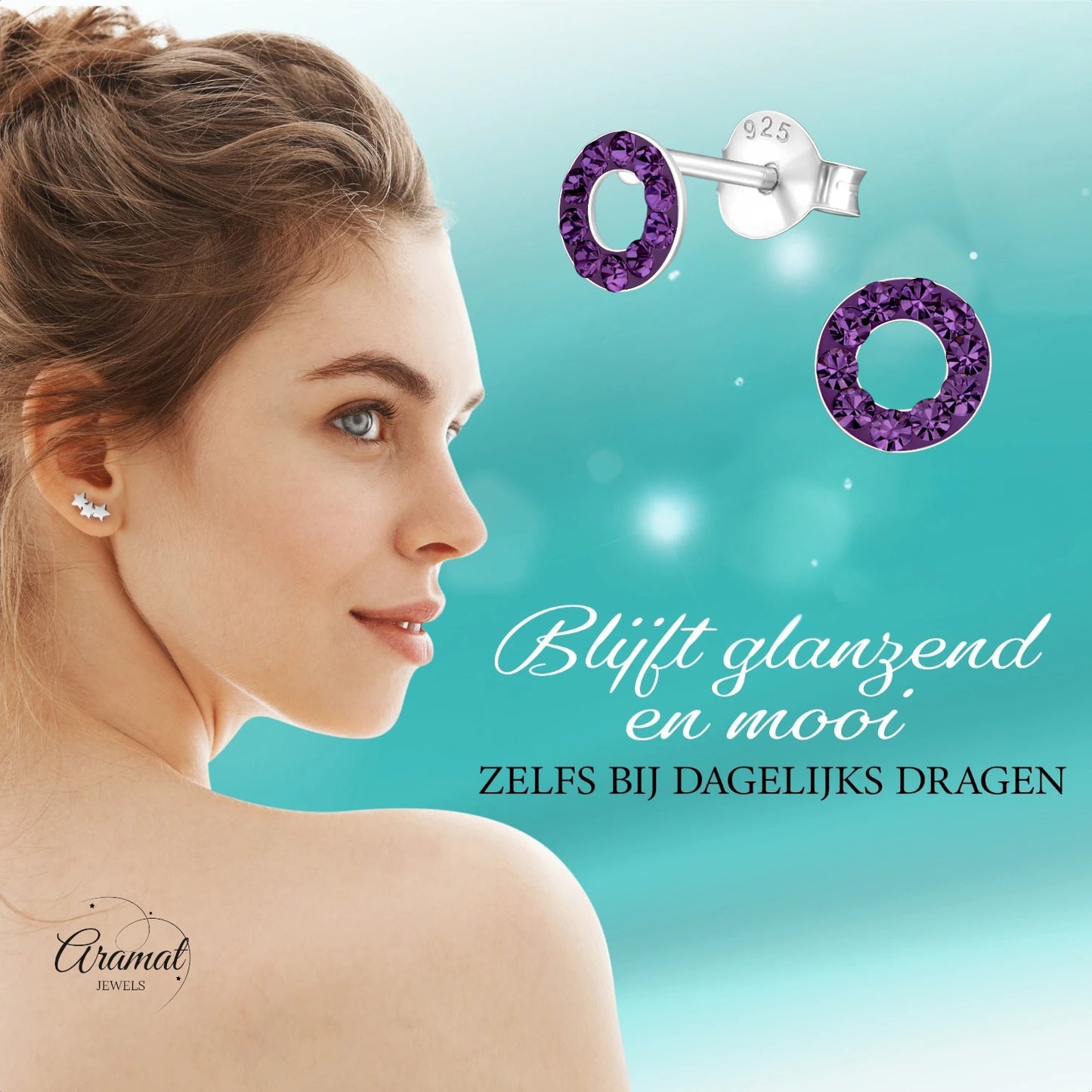 Open circle earrings purple crystal 925 silver